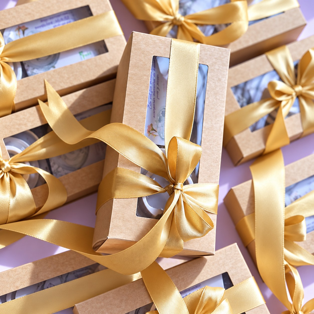 Packs corporativos Kalatea en cajas kraft con cintas y moños dorados