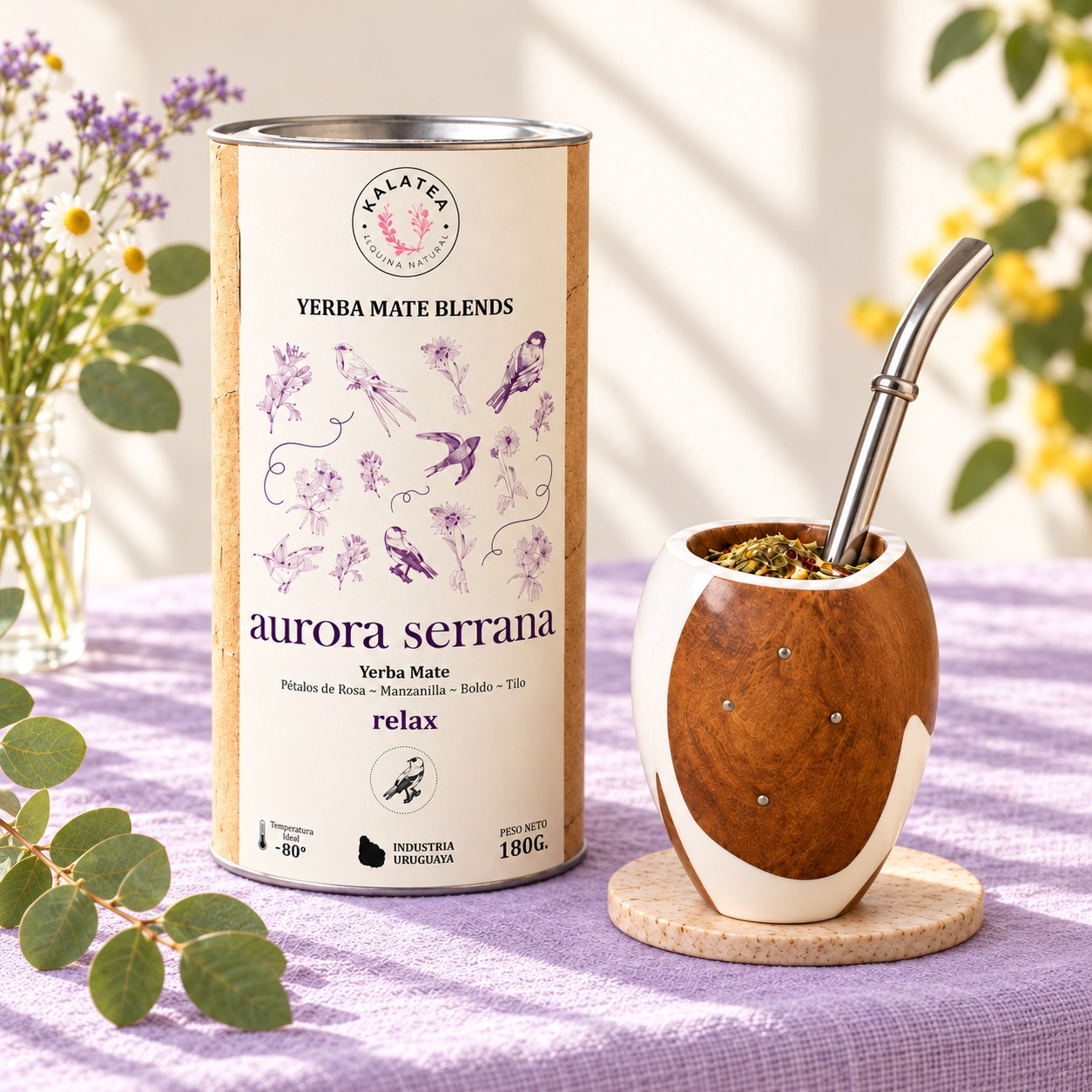 Yerba Mate Kalatea Aurora Serrana junto a un mate